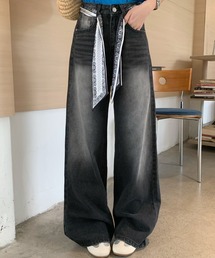 【秋冬新作】ペイズリー柄スカーフベルト付きワイドデニムパンツ