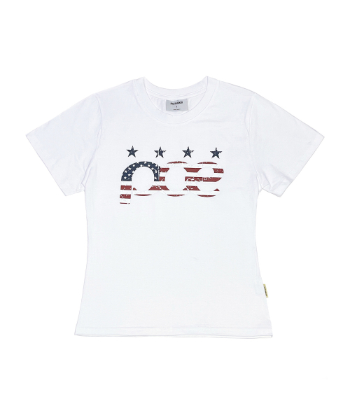 PIECEMAKER(ピースメーカー)の「ピシーイ星条旗ロゴスリムセミクロップTシャツ(ホワイト)(Tシャツ/カットソー・レディース・その他・X-SMALL/SMALL/FREE)」の2枚目の写真