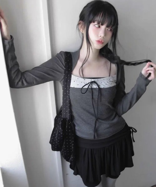 ViViDAY（ビビデー）の「フロントドット柄＆リボン　長袖カットソー（Tシャツ/カットソー・レディース・チャコールグレー・M）」の14枚目の写真