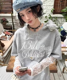 【レースレイヤード風】袖レース切替 ビッグTシャツ