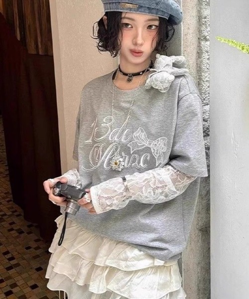 CHEER(チアー)の「【レースレイヤード風】袖レース切替 ビッグTシャツ(Tシャツ/カットソー・レディース・グレー・FREE)」の8枚目の写真