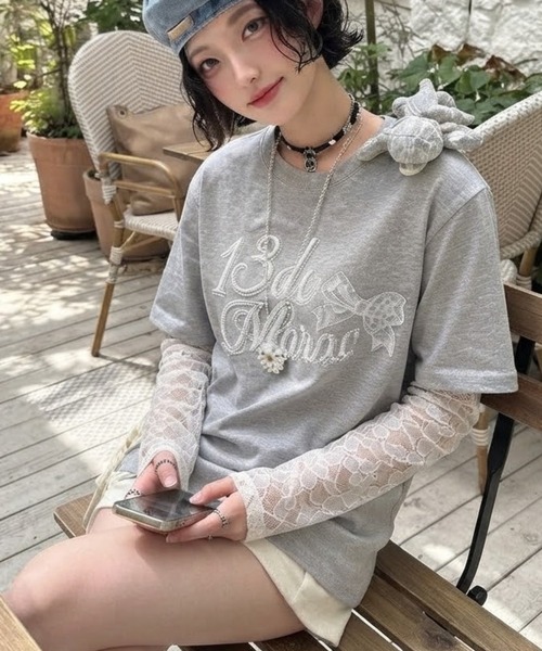 CHEER(チアー)の「【レースレイヤード風】袖レース切替 ビッグTシャツ(Tシャツ/カットソー・レディース・グレー・FREE)」の11枚目の写真