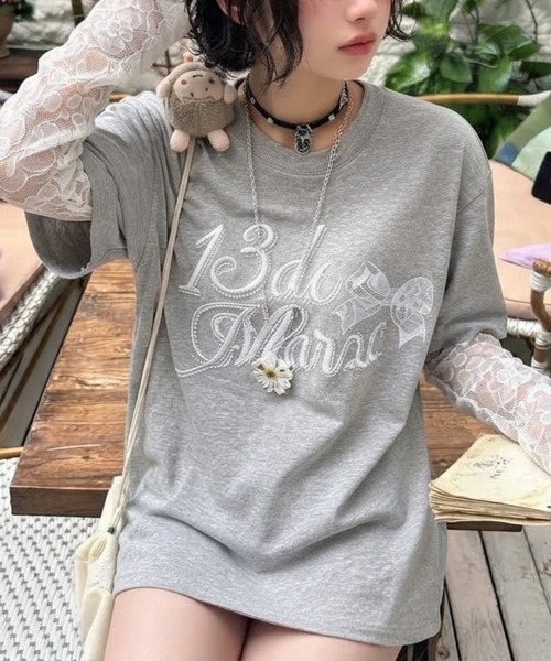 CHEER(チアー)の「【レースレイヤード風】袖レース切替 ビッグTシャツ(Tシャツ/カットソー・レディース・グレー・FREE)」の13枚目の写真