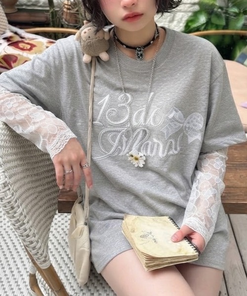CHEER(チアー)の「【レースレイヤード風】袖レース切替 ビッグTシャツ(Tシャツ/カットソー・レディース・グレー・FREE)」の14枚目の写真