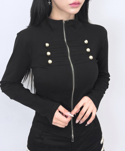 FOLLOWIN(フォロウィン)の「【3COLOR】ナポレオンボタンハイネックジップブルゾン(ブルゾン・レディース・ブラック/ホワイト/チャコールグレー・FREE)」の3枚目の写真
