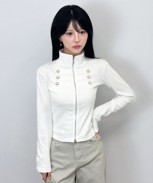 FOLLOWIN(フォロウィン)の「【3COLOR】ナポレオンボタンハイネックジップブルゾン(ブルゾン・レディース・ブラック/ホワイト/チャコールグレー・FREE)」の6枚目の写真