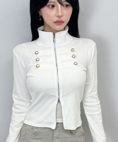 FOLLOWIN(フォロウィン)の「【3COLOR】ナポレオンボタンハイネックジップブルゾン(ブルゾン・レディース・ブラック/ホワイト/チャコールグレー・FREE)」の8枚目の写真