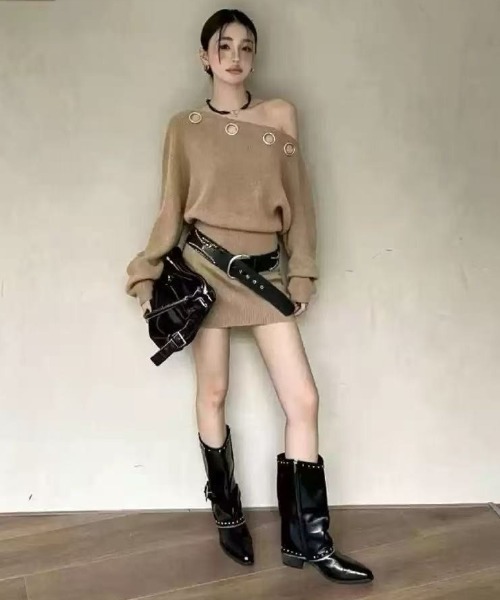 SHEPP(シープ)の「【ベルト付き】ワンショルダー アイレットデザイン ルーズスリーブニットミニワンピース(ワンピース・レディース・グレー/ブラック/ホワイト/ベージュ/パープル・F)」の15枚目の写真