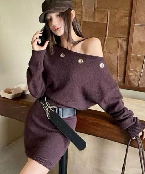 SHEPP(シープ)の「【ベルト付き】ワンショルダー アイレットデザイン ルーズスリーブニットミニワンピース(ワンピース・レディース・グレー/ブラック/ホワイト/ベージュ/パープル・F)」の7枚目の写真