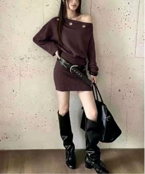 SHEPP(シープ)の「【ベルト付き】ワンショルダー アイレットデザイン ルーズスリーブニットミニワンピース(ワンピース・レディース・グレー/ブラック/ホワイト/ベージュ/パープル・F)」の9枚目の写真