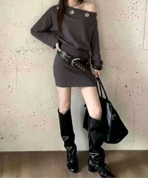 SHEPP(シープ)の「【ベルト付き】ワンショルダー アイレットデザイン ルーズスリーブニットミニワンピース(ワンピース・レディース・グレー/ブラック/ホワイト/ベージュ/パープル・F)」の12枚目の写真