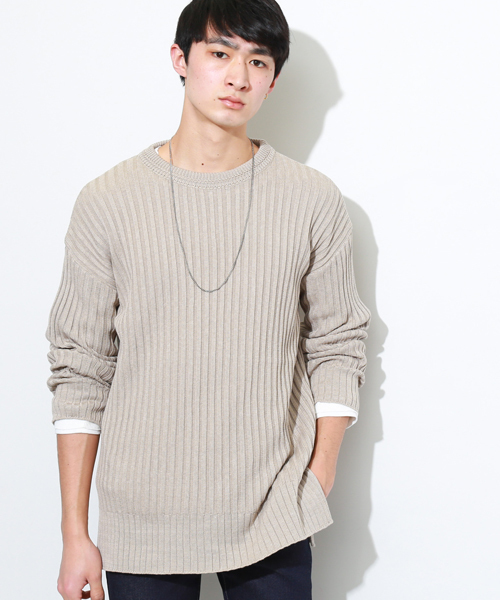 STUDIOUS（ステュディオス）の「オーバーサイズワイドリブクルーネックニット（ニット/セーター・メンズ・オフホワイト/ベージュ/ブルー・3/1/2）」の3枚目の写真