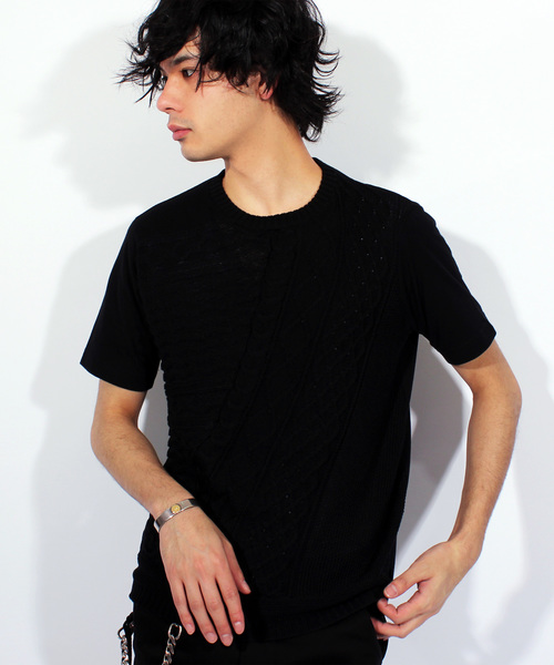 ８(eight)（エイト）の「ニット 切替 半袖Tシャツ（Tシャツ/カットソー・メンズ・ネイビー/ブラック/ホワイト・X-LARGE/LARGE/MEDIUM）」の2枚目の写真