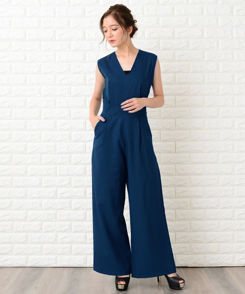 セール】ノースリーブVネックオールインワン・ワイドパンツドレス