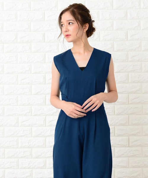 セール】ノースリーブVネックオールインワン・ワイドパンツドレス