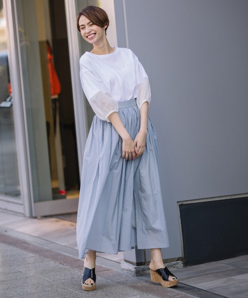 Munich（ミューニック）の「コットンナイロンペーパーローン　ギャザーマキシスカート（スカート・レディース・ブラック/ベージュ/グレイッシュブルー・S/M）」の14枚目の写真