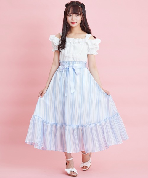 Secret Honey(シークレットハニー)の「マルチストライプロングフレアスカート(スカート・レディース・ブルー/ベージュ・MEDIUM)」の2枚目の写真