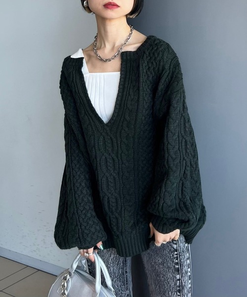 手洗い可能〉WEB限定アイテム / ケーブルVネックプルオーバー（ニット