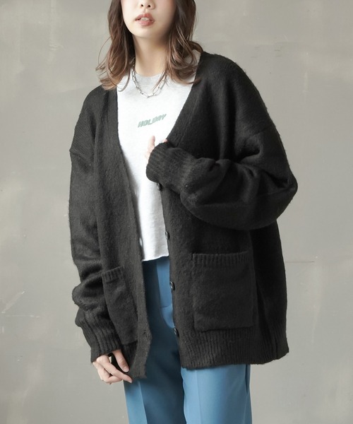 SPINNS（スピンズ）の「モヘアライク ルーズカーディガン（カーディガン/ボレロ・レディース・ブラック/ピンク/オレンジ/グリーン/ナチュラル・ONESIZE）」の2枚目の写真