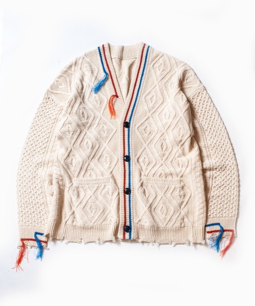 SEVESKIG(セヴシグ)の「SEVESKIG/セヴシグ/カーディガンケーブルニット/Japanese Paper cable knit cardigan(KN-SV-NNS-1002)(カーディガン/ボレロ・メンズ・ホワイト/ブラウン/レッド・LARGE/MEDIUM/X-LARGE/SMALL)」の2枚目の写真