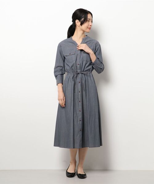 代引き手数料無料 ライトデニムバンドカラーワンピース 即日発送