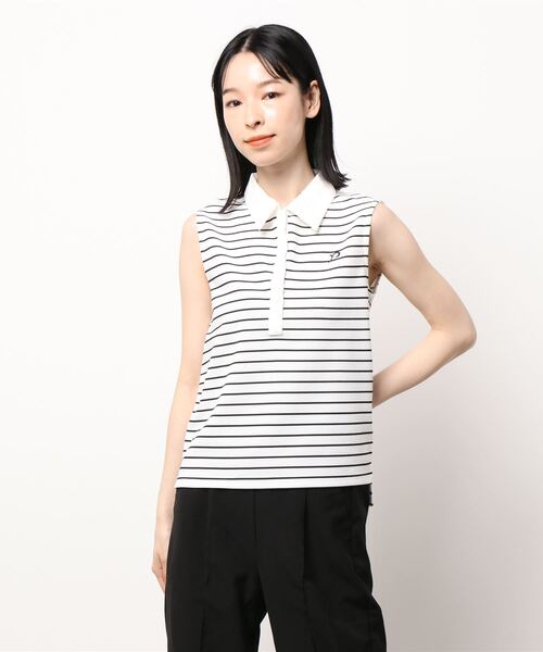 km】【rienda suelta】 ボーダーノースリーブポロシャツ ゴルフウエア