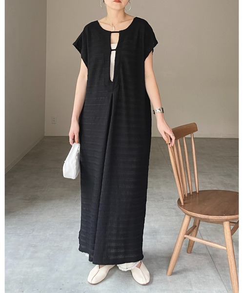 2色2種 ワンピース Vネック 背中開き シンプル フレンチ シック セール】前後2WAY深Vネックフレンチスリーブロングワンピース