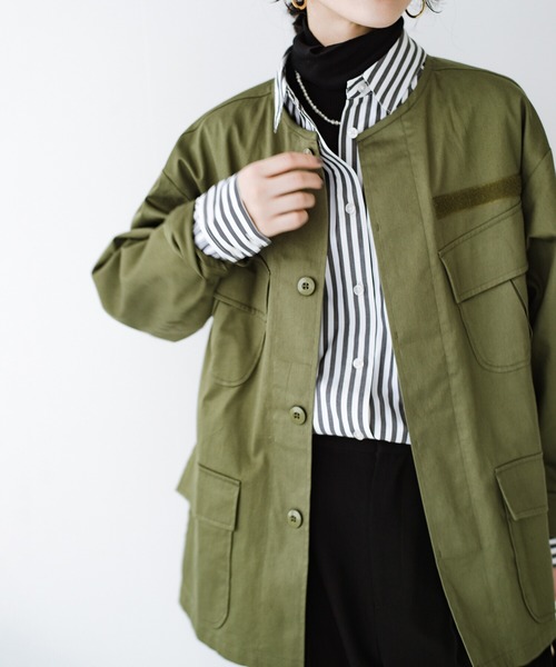 haco!（ハコ）の「きれいめツイル素材を古着になるまで愛したい！ ＰＢＰオーガニックコットンのミリタリー風ノーカラージャケット（ユニセックス）（ノーカラージャケット・レディース・カーキ・1/2/3）」の13枚目の写真