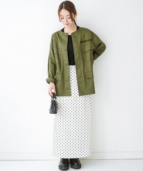 haco!（ハコ）の「きれいめツイル素材を古着になるまで愛したい！ ＰＢＰオーガニックコットンのミリタリー風ノーカラージャケット（ユニセックス）（ノーカラージャケット・レディース・カーキ・1/2/3）」の3枚目の写真
