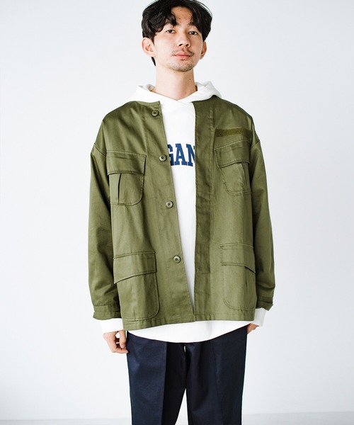 haco!（ハコ）の「きれいめツイル素材を古着になるまで愛したい！ ＰＢＰオーガニックコットンのミリタリー風ノーカラージャケット（ユニセックス）（ノーカラージャケット・レディース・カーキ・1/2/3）」の7枚目の写真