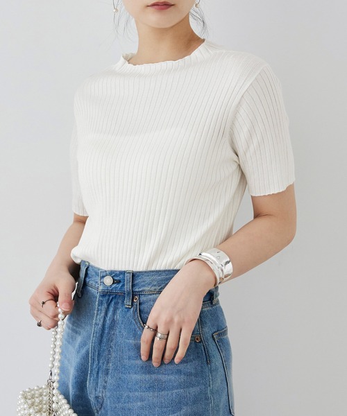 Fashion Letter(ファッションレター)の「大きいサイズ プチハイネック ハーフスリーブ トップス(Tシャツ/カットソー・レディース・ブラック/オフホワイト/ブルー/ベージュ系その他・M~L/LL~3L/4L~5L)」の1枚目の写真