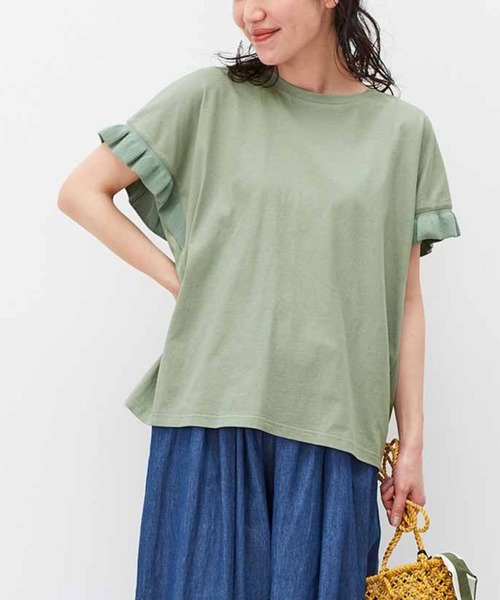 Live in comfort(リブインコンフォート)の「リブ イン コンフォート 汗じみ軽減加工の 華やぎフリルTシャツ(Tシャツ/カットソー・レディース・ブラック/ブルー/カーキ・X-LARGE/LARGE/XX-LARGE/MEDIUM)」の1枚目の写真
