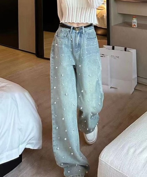 CANVAS+(キャンバスプラス)の「【CANVAS+】パール付デニムパンツ(デニムパンツ・レディース・サックスブルー・M/S/L)」の4枚目の写真