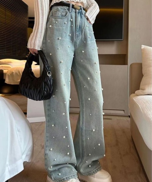 CANVAS+(キャンバスプラス)の「【CANVAS+】パール付デニムパンツ(デニムパンツ・レディース・サックスブルー・M/S/L)」の5枚目の写真