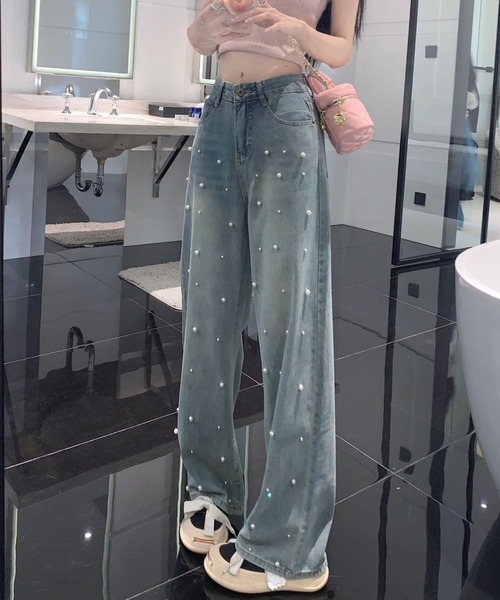 CANVAS+(キャンバスプラス)の「【CANVAS+】パール付デニムパンツ(デニムパンツ・レディース・サックスブルー・M/S/L)」の7枚目の写真