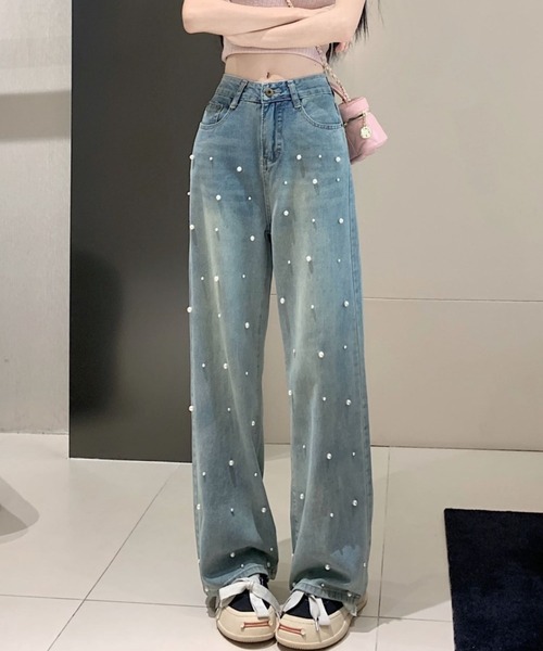 CANVAS+(キャンバスプラス)の「【CANVAS+】パール付デニムパンツ(デニムパンツ・レディース・サックスブルー・M/S/L)」の8枚目の写真