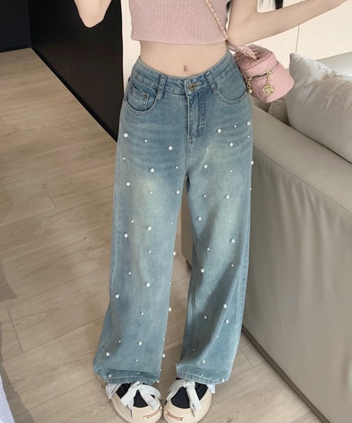 パール付きデニムセットアップ セール】【CANVAS+】パール付デニムパンツ（デニムパンツ