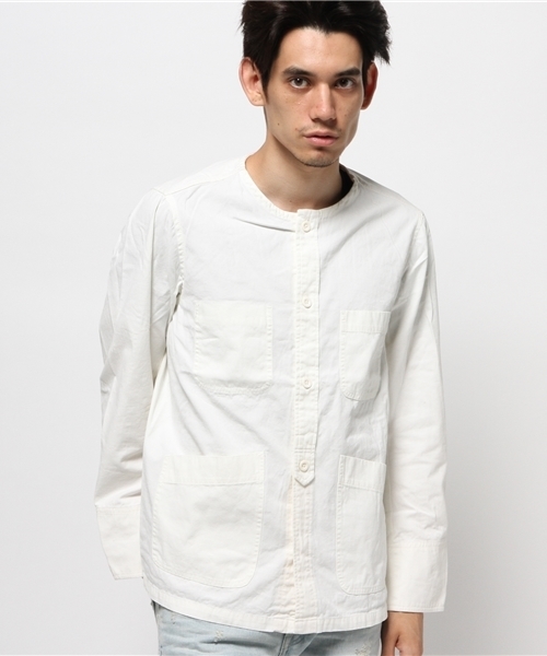 CIAOPANIC（チャオパニック）の「【Ciaopanic】　ノーカラーフレンチワークジャケット（ブルゾン・メンズ・オフホワイト/ネイビー/オリーブ・MEDIUM/LARGE）」の2枚目の写真