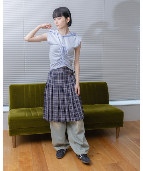 3.3 Field Trip （3.3フィールドトリップ）の「3.3 Field Trip／ベルトツキチェックスカート（スカート・レディース・ライトブルー/ネイビー・FREE）」の3枚目の写真