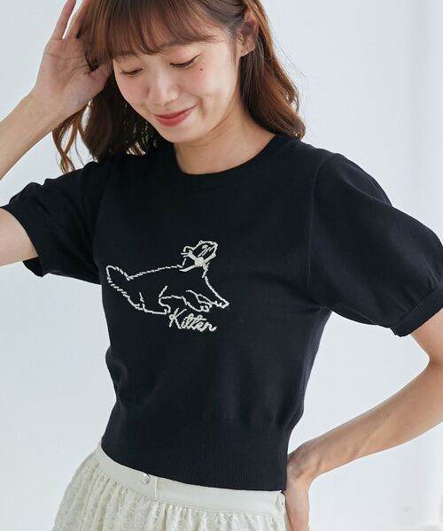 MAJESTIC LEGON（マジェスティックレゴン）の「キャットジャカード半袖ニット（ニット/セーター・レディース・アイボリー/ブラック/レッド・MEDIUM）」の3枚目の写真