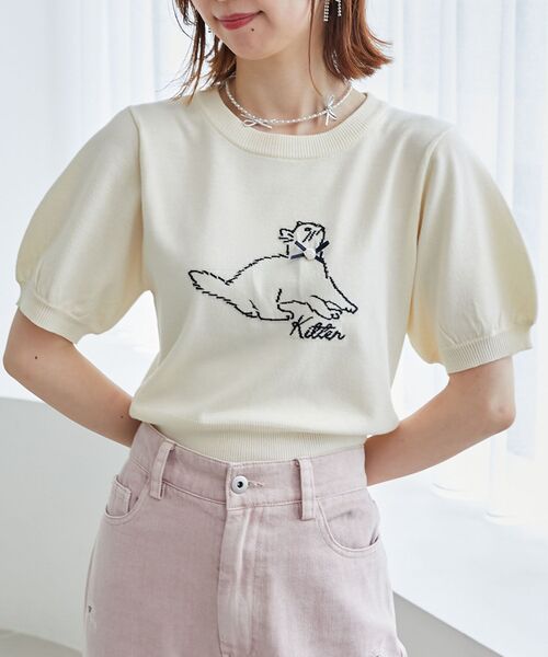 MAJESTIC LEGON（マジェスティックレゴン）の「キャットジャカード半袖ニット（ニット/セーター・レディース・アイボリー/ブラック/レッド・MEDIUM）」の6枚目の写真