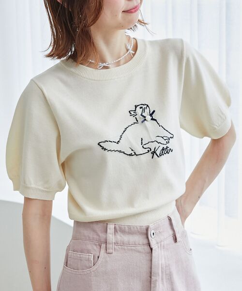 MAJESTIC LEGON（マジェスティックレゴン）の「キャットジャカード半袖ニット（ニット/セーター・レディース・アイボリー/ブラック/レッド・MEDIUM）」の7枚目の写真