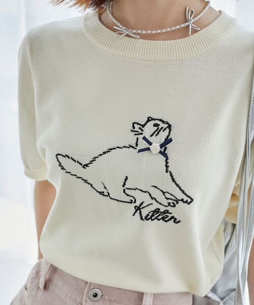 MAJESTIC LEGON（マジェスティックレゴン）の「キャットジャカード半袖ニット（ニット/セーター・レディース・アイボリー/ブラック/レッド・MEDIUM）」の9枚目の写真