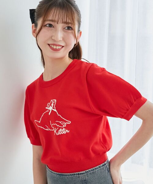 MAJESTIC LEGON（マジェスティックレゴン）の「キャットジャカード半袖ニット（ニット/セーター・レディース・アイボリー/ブラック/レッド・MEDIUM）」の14枚目の写真