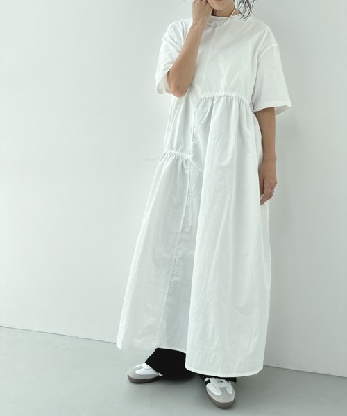 y/m（イム）の「異素材ドッキングドロストワンピース（ワンピース・レディース・ブラック/キャメル/アイボリー・FREE）」の2枚目の写真