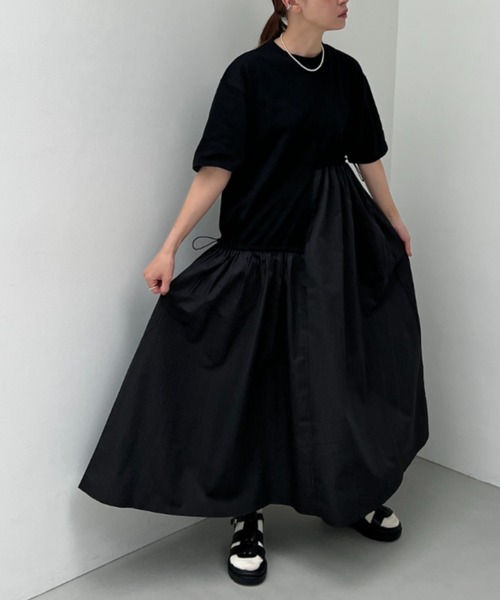 y/m（イム）の「異素材ドッキングドロストワンピース（ワンピース・レディース・ブラック/キャメル/アイボリー・FREE）」の12枚目の写真