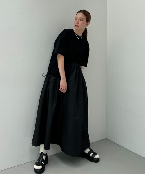 y/m（イム）の「異素材ドッキングドロストワンピース（ワンピース・レディース・ブラック/キャメル/アイボリー・FREE）」の11枚目の写真