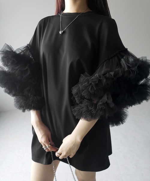 【セール】【 ２color 】フリルスリーブボリュームチュールドッキングトップス ／ frill sleeve voluminous tulle docking tops（Tシャツ/カットソー）｜me+em select（ミームセレクト）