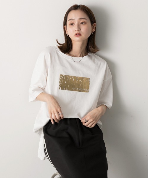 ad thie(アドティエ)の「箔プリント オーバーサイズTシャツ(Tシャツ/カットソー・レディース・ホワイト×ゴールド/ブラック/ホワイト×シルバー/チャコール・FREE)」の20枚目の写真