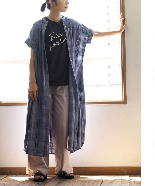 e-zakkamania stores(イーザッカマニアストアーズ)の「コットンリネン チェックボイルシャツワンピース(ワンピース・レディース・ライトベージュ/ブルー・フリー)」の9枚目の写真